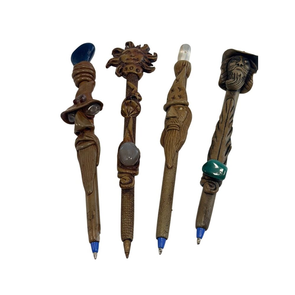Vintage Set 4 Resin Wizard Magic Wand Novelty Ballpoint Pens Gemstone Accents